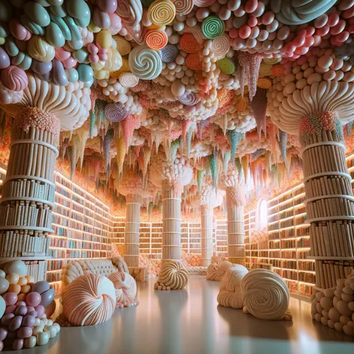 In a dream, a candy library bursts with colorful, sugary book spines.