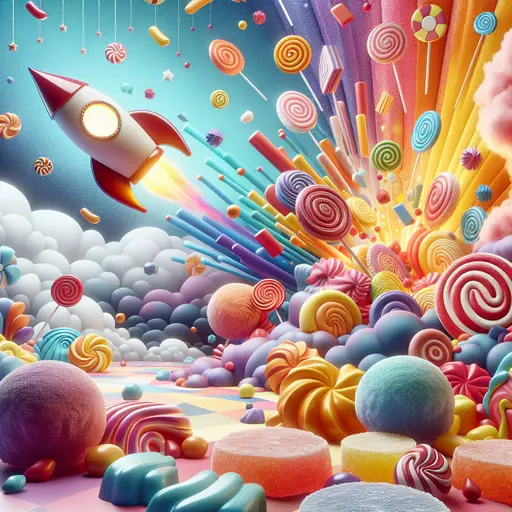 In a vibrant dream, a soaring candy rocket showered colorful confections everywhere.