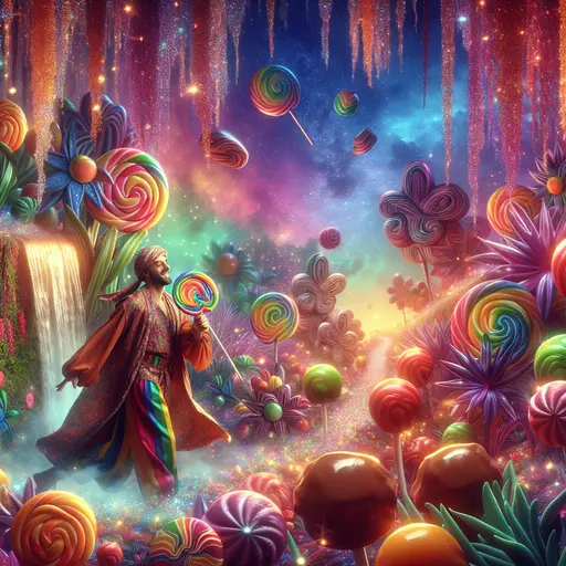 In the dream, a candy thief sneaks past shimmering chocolate waterfalls, giggling.