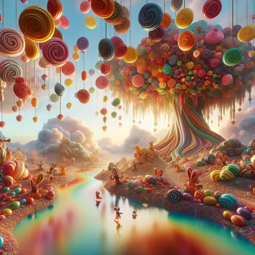 In my dream, a giant candy tree blossoms with swirling, colorful sweets.