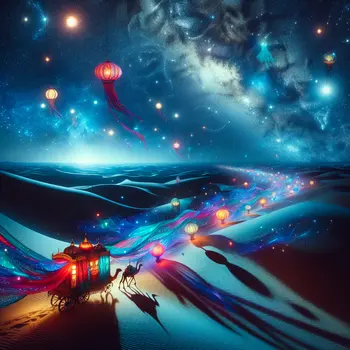 In the dream, a vibrant caravan glided through a starry desert night.