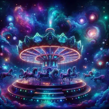 In a dream, a colorful carousel spins under a starry, surreal sky.