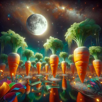 In my dream, giant carrots danced under a glowing moonlit sky. In my dream, giant carrots danced under a glowing moonlit sky.