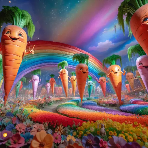 In my dream, giant carrots danced under a rainbow, singing sweet melodies.