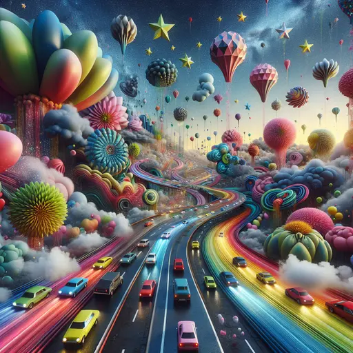 In a vivid dream, colorful cars zoomed through a surreal, endless landscape.