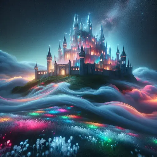 In my dream, a majestic castle stood atop a shimmering, misty hill.