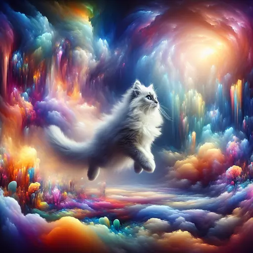 A fluffy cat floated through a rainbow in my dream's surreal landscape.