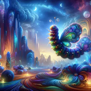 In a dream, a colorful caterpillar danced under a luminous, swirling sky.