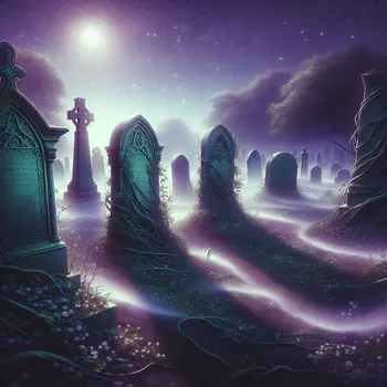 In my dream, moonlight illuminated tombstones in a serene, forgotten cemetery.