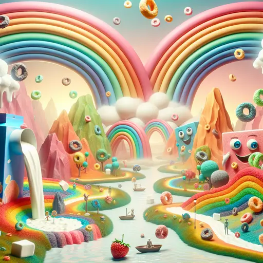 In a dream, rivers of cereal flowed under sugary rainbows, enchanting all.