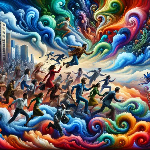 In a dream, swirling colors clash, people run, chaos reigns fearfully loud.