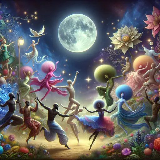 In a vivid dream, whimsical characters danced under a glowing, enchanted moon.