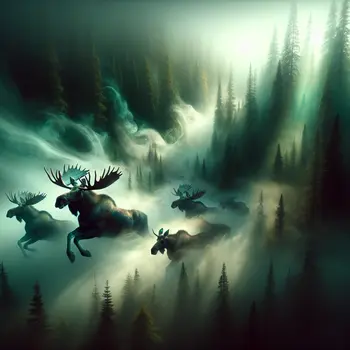 In my dream, charging moose thundered through misty woods, fear and awe intertwined. In my dream, charging moose thundered through misty woods, fear and awe intertwined.