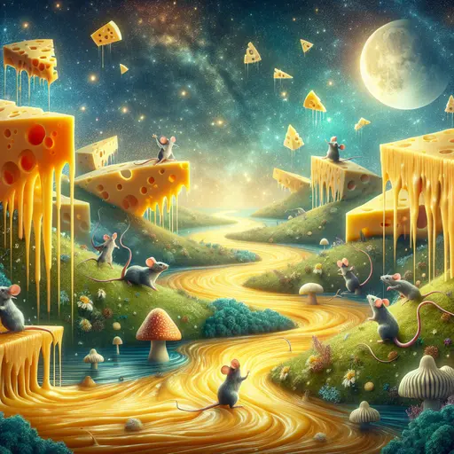 In a dream, rivers of melted cheese flowed beneath dancing mice under moonlight.