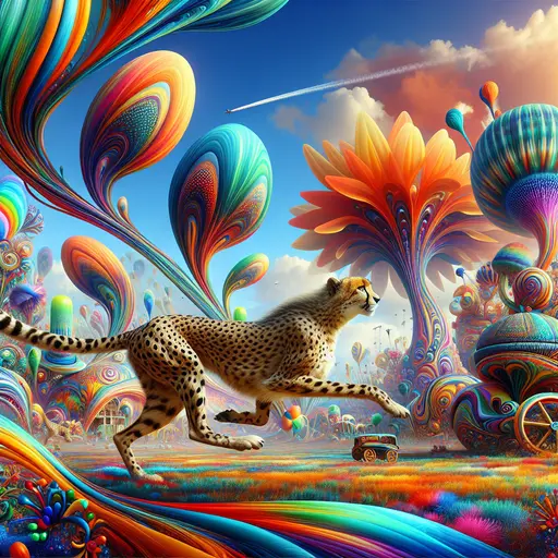 In a vibrant dream, a cheetah raced through a surreal, colorful landscape.