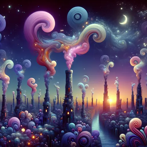 In my dream, swirling smoke billowed from whimsical, dancing chimneys in twilight.