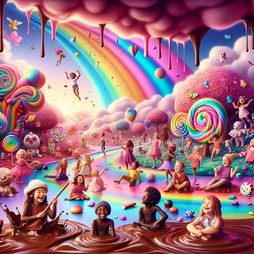 In the dream, whimsical chocolate rain drenches children laughing under candy-colored skies.