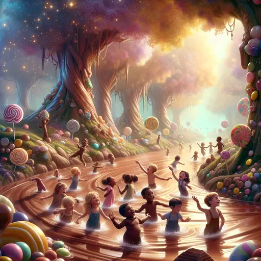 In my dream, children danced joyfully by flowing chocolate rivers, laughter echoed.