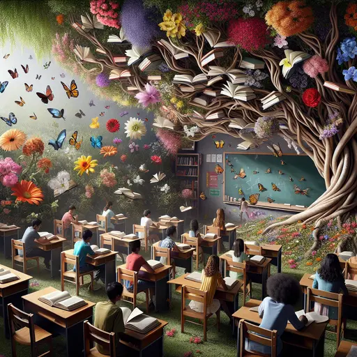 In a dream, the classroom transforms into a vibrant garden of learning.