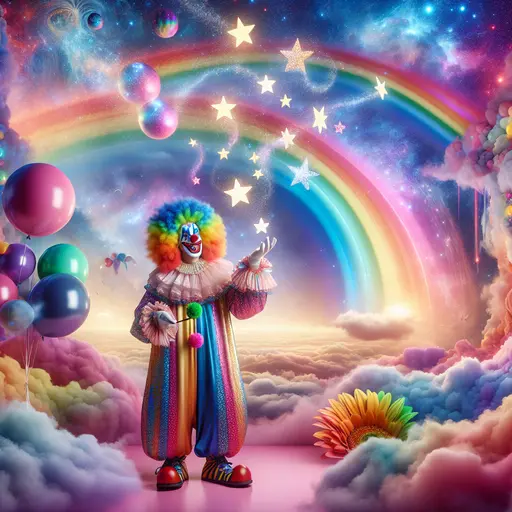 In a surreal dream, a giant clown juggles stars under a rainbow.