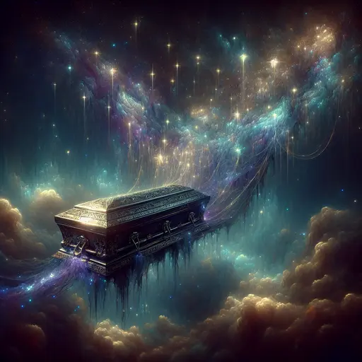 In the dream, a glowing coffin floated among stars, whispering secrets softly.