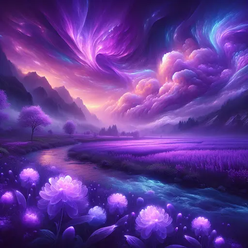 In a dream, swirling clouds of vibrant color purple enveloped a serene landscape.