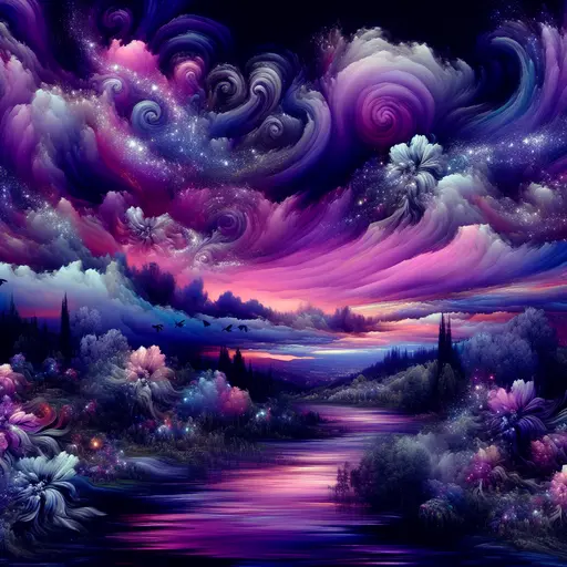 In a surreal dream, swirling clouds of color violet danced in twilight.