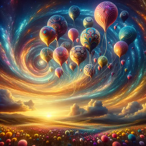 In the dream, colorful balloons floated beneath a radiant, shimmering sky.