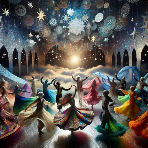 In a dream, vibrant colorful costumes twirled under a starlit, shimmering sky.