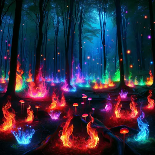 In my dream, colorful flames danced, illuminating a mystical forest's shadows.