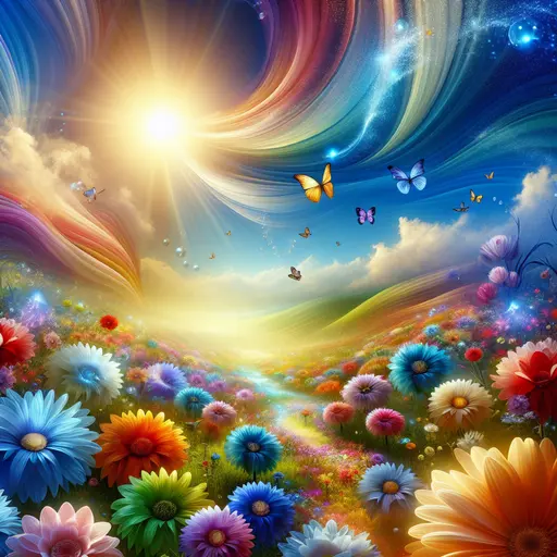 In my dream, colorful flowers danced under a radiant, glowing sun. In my dream, colorful flowers danced under a radiant, glowing sun.