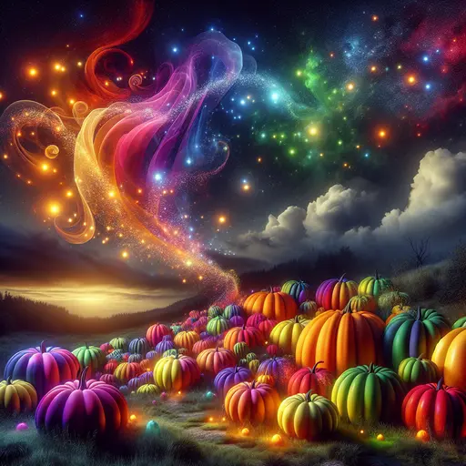 In the dream, vibrant pumpkins danced under a starry, twilight sky.