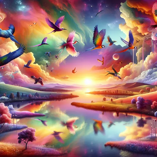 In the dream, vibrant birds soared across dazzling, colorful skies ablaze with sunsets.