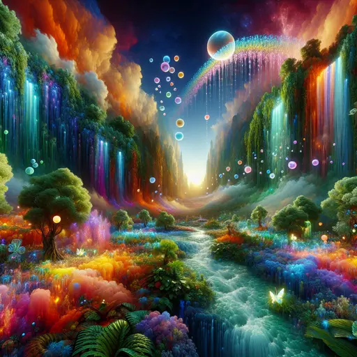 In a dream, vibrant colors danced through sparkling waterfalls under a glowing sky.