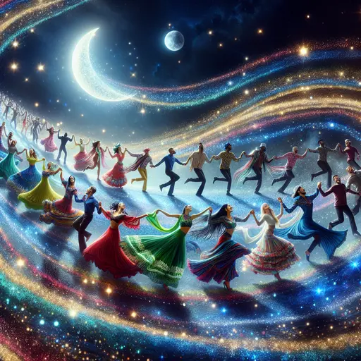 In my dream, a vibrant conga line danced through a starry night.