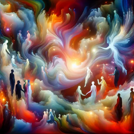 In a dream, conversations swirl like whispers, tangled thoughts intertwining in colors.