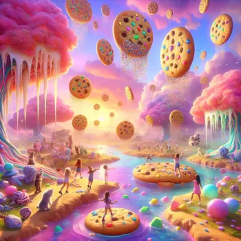 In a dream, oversized cookies rained down, filling the sky with sweetness.
