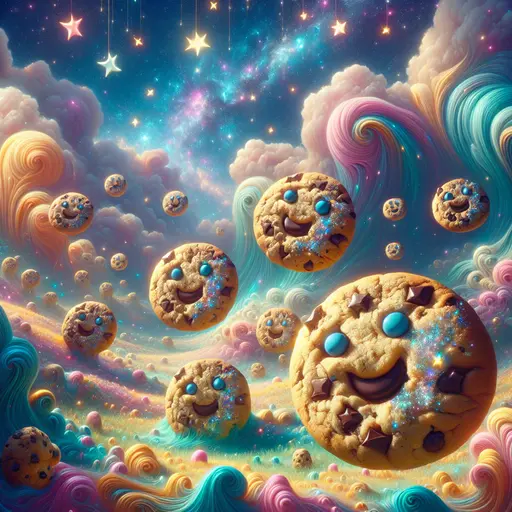 In a vibrant dream, chocolate chip cookies danced under twinkling starlit skies.