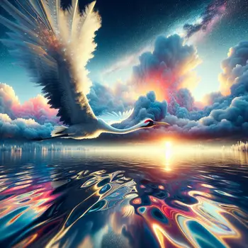 In my dream, a giant crane soared above shimmering, vibrant waters below.