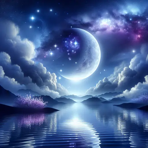 In a dream, a luminous crescent moon cast silver shadows over tranquil waters.