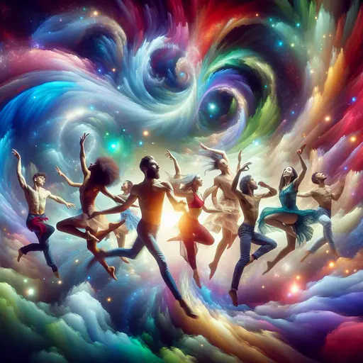 In my dream, a swirling crowd danced in vibrant, surreal colors.