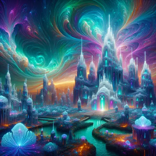 In my dream, crystal buildings sparkled under a vibrant, swirling aurora sky.