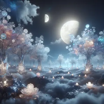 In a serene dream, shimmering crystal trees glisten under a soft, moonlit sky.