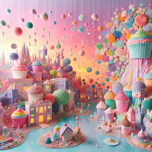 In my dream, vibrant cupcakes rained down, creating colorful rivers through cupcake city.