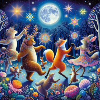 In a colorful dream, dancing animals twirl gracefully under a sparkling moonlight.