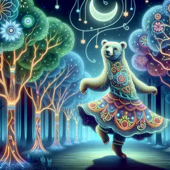 In the dream, a dancing bear twirls beneath a moonlit, enchanted forest.