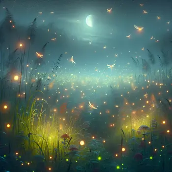 In a moonlit meadow, dreamlike dancing fireflies illuminated the night with enchantment.