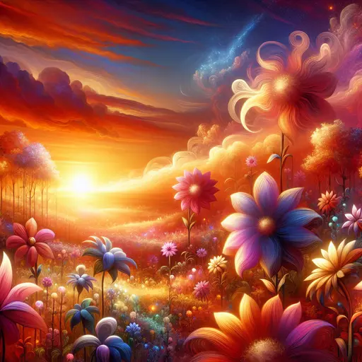 In a vibrant dream, dancing flowers swayed under a golden sunset, whispering joy.