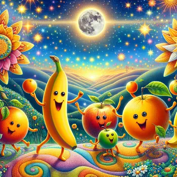 In my dream, vibrant dancing fruits twirled joyfully under a sparkling moon.