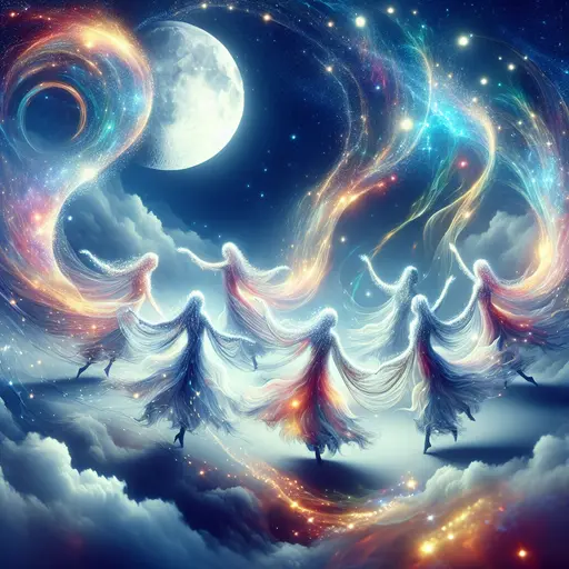 In a vivid dream, moonlit figures swirl, hearts united in joyful dancing.